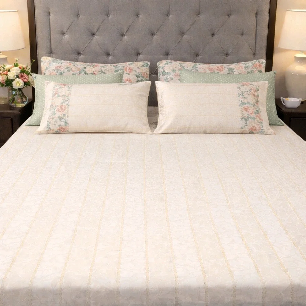 Vtg Eileen West King/Queen Sheet Set Cream‎ Floral Cotton USA 6 pillowcases READ